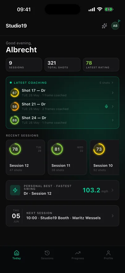 The player app's Today screen, showing the coaching inbox and recent sessions.