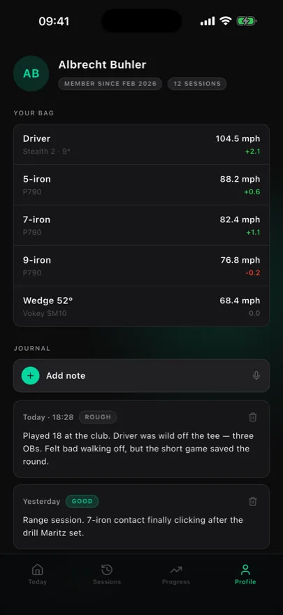 The profile screen: your bag and your private round journal.